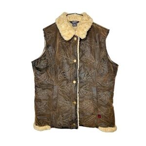 Woolrich Y2K Faux Fur Distressed Vegsn Leather Vest Embroidered Brown Beige zM